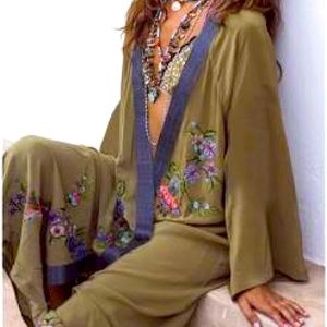 Olive embroidered Boho Gypsy Kimono Duster Jacket